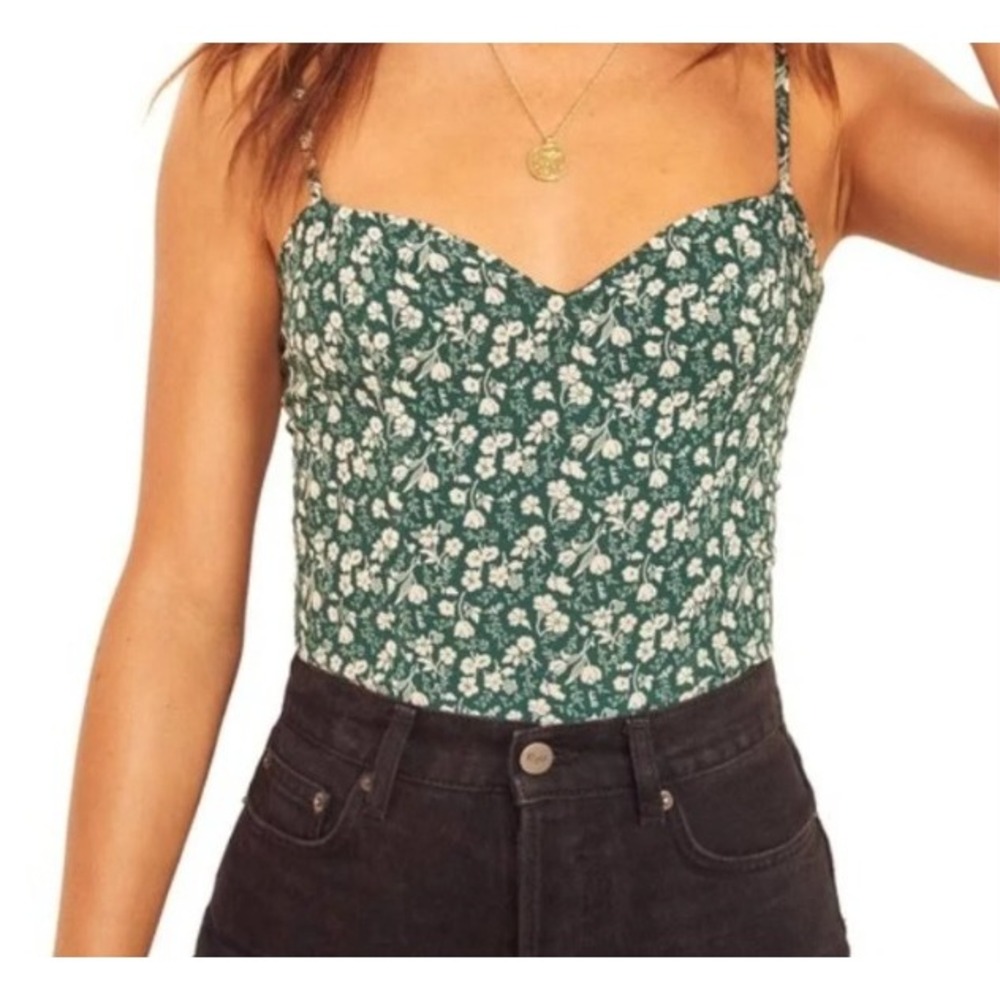Reformation Cosmo Floral Cami Top Vancouver Green Women Size 6 Smocked Semi Crop